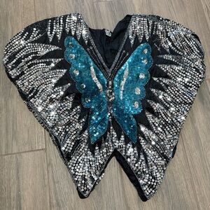 Vintage Silk Butterfly Sequin Top Blue Black and Silver Women’s One Size